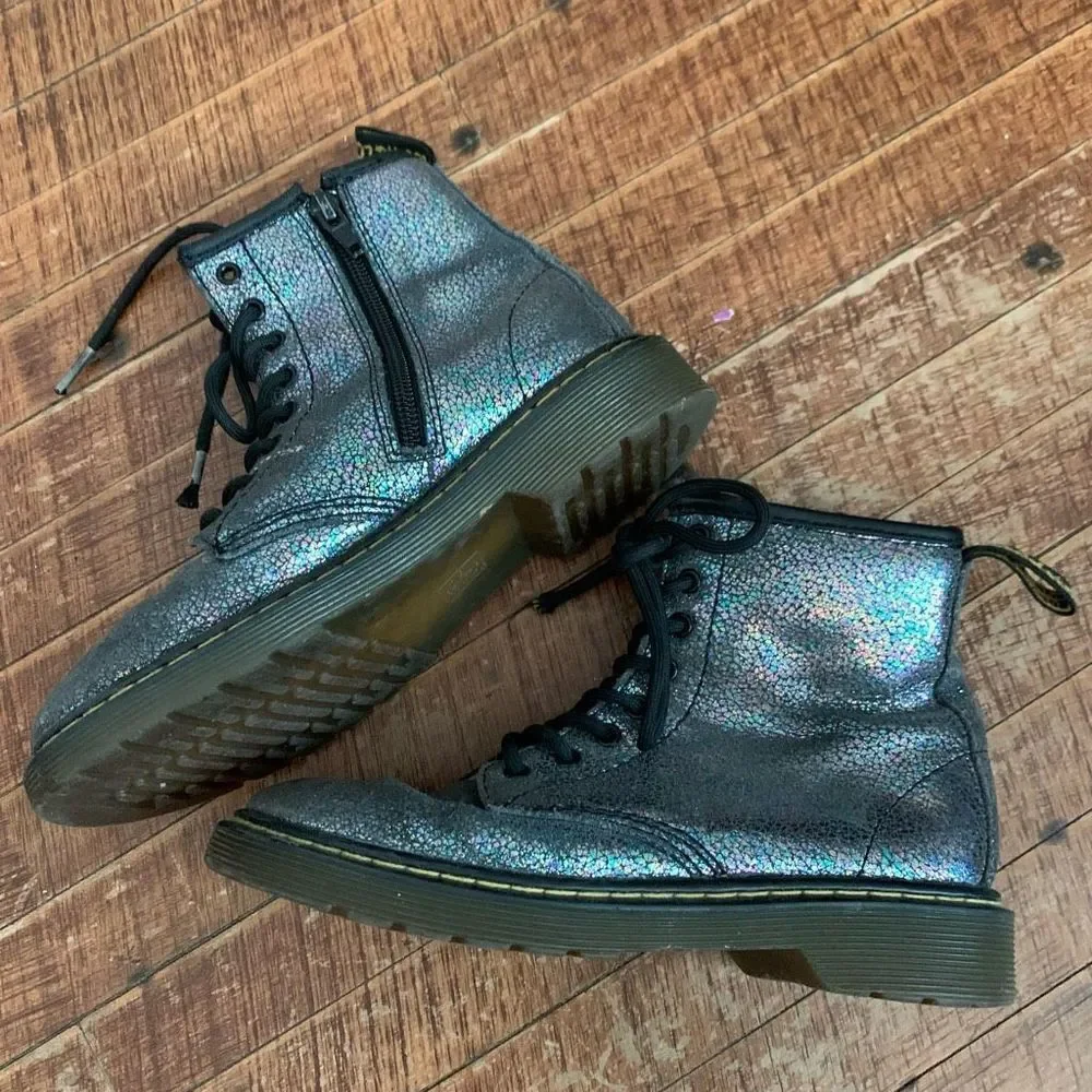 Doc Martens black metallic shimmery English grunge kids 2 combat boots